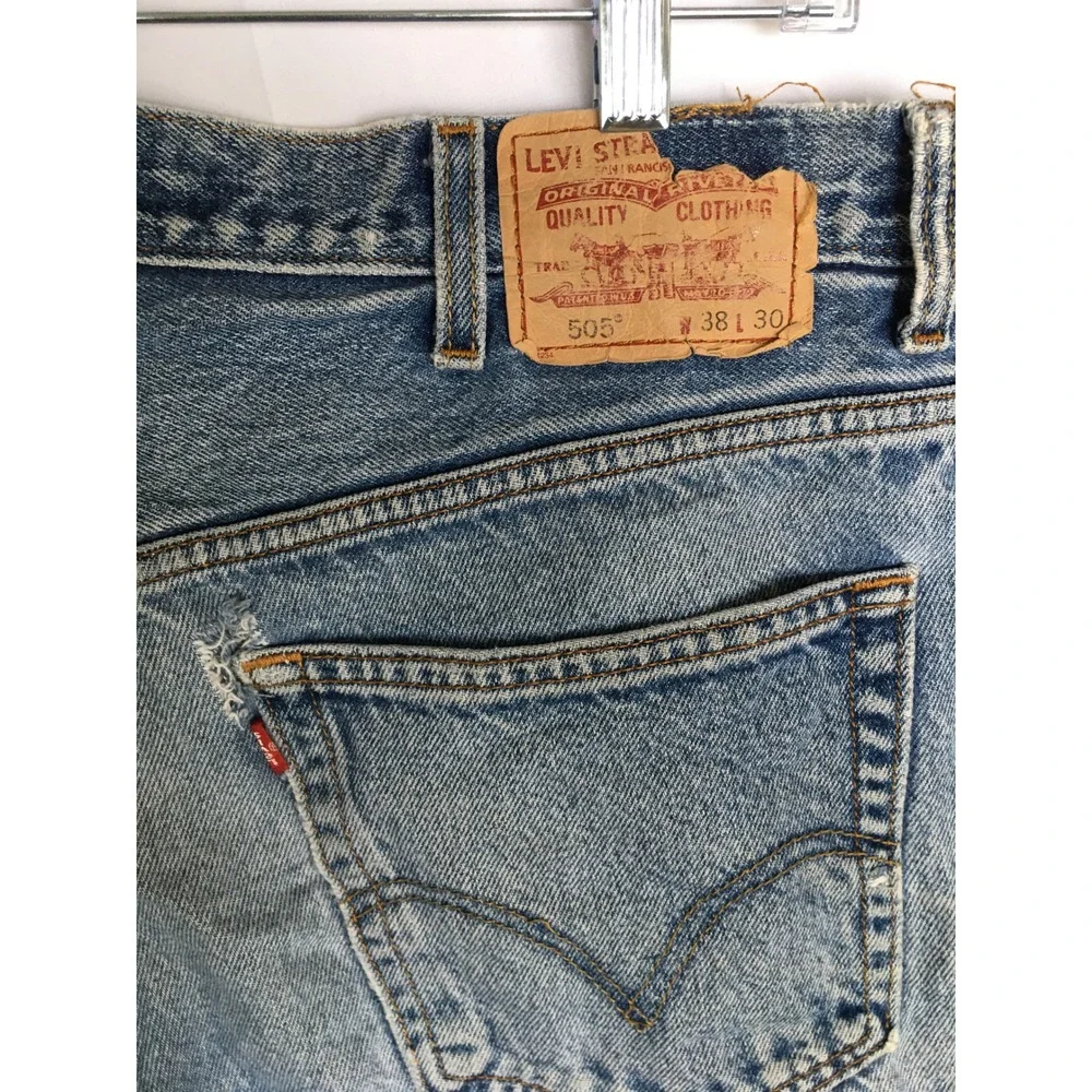 Levis 505 Regular Fit Jeans Mens Blue Distressed Straight Leg Denim Pants